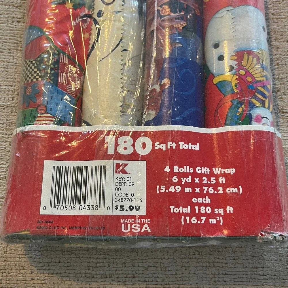 Vintage 2000 Kmart Christmas Gift Wrap 4 Rolls 180 Sq Ft Snowman Santa Cleo USA